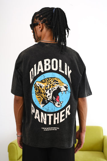 Grey Diabolik Panther oversized T-shirt from Bonkers Corner featuring a bold panther graphic on soft fabric.