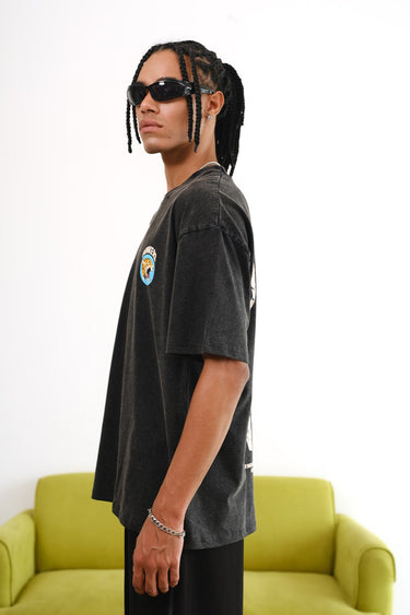 Grey Diabolik Panther oversized T-shirt by Bonkers Corner, featuring a relaxed fit and bold graphic design.