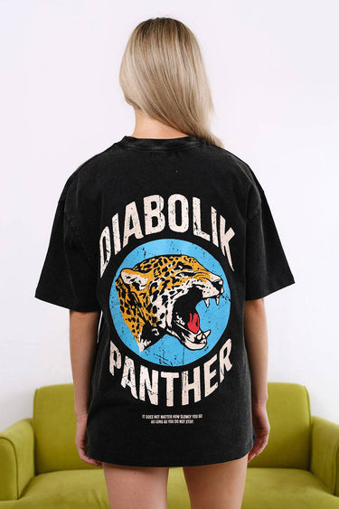 Grey Diabolik Panther oversized T-shirt by Bonkers Corner featuring a bold panther graphic on soft cotton fabric.