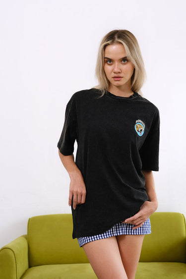 Grey Diabolik Panther oversized T-shirt by Bonkers Corner, featuring a bold graphic design on soft, comfortable fabric.