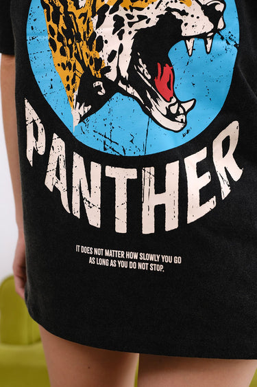 Grey Diabolik Panther oversized T-shirt by Bonkers Corner featuring a bold panther graphic on soft, comfortable fabric.