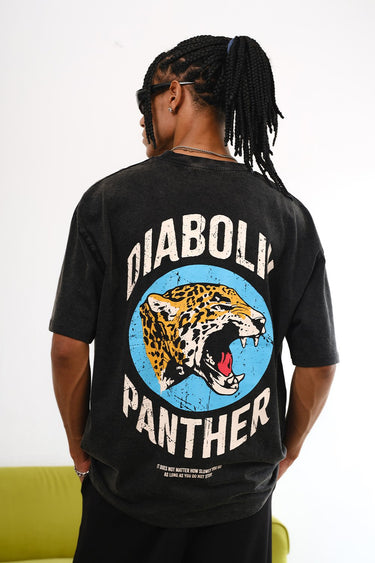 Grey Diabolik Panther oversized T-shirt by Bonkers Corner, featuring a bold black panther graphic on the front.