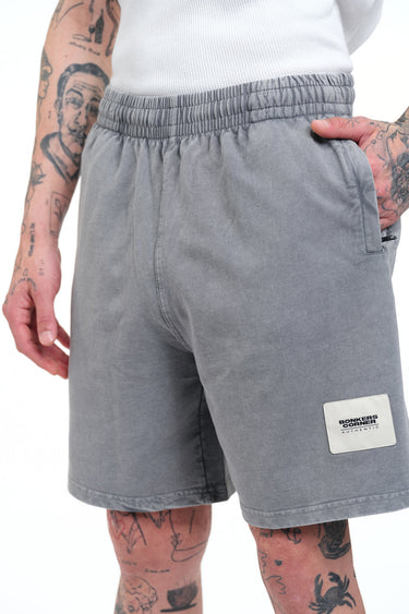 Grey heavyweight faded shorts by Bonkers Corner featuring a relaxed fit and casual style for comfortable everyday wear.