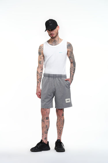 Grey heavyweight faded shorts by Bonkers Corner, showing a relaxed fit with a casual, worn-in look and comfortable fabric.