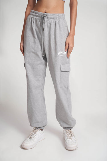 Bonkers Corner grey melange cargo pants with multiple pockets and relaxed fit, displayed lying flat on a white background.