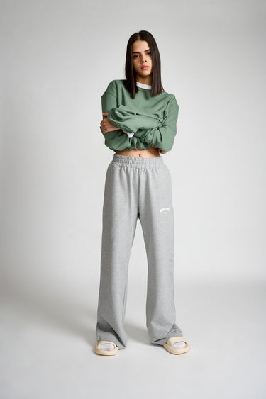 Grey melange wide-leg pants by Bonkers Corner, featuring a relaxed fit and comfortable fabric.