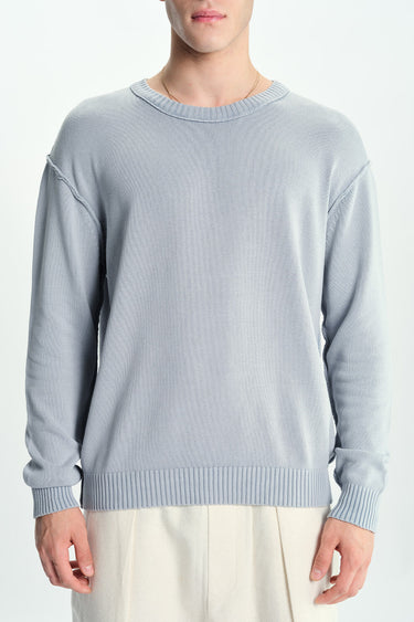 Grey Bonkers Corner Mode crewneck sweatshirt displayed flat with ribbed cuffs and collar, showcasing a casual, comfortable fit.