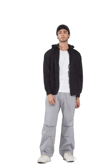 Gray parachute pants from Bonkers Corner featuring a relaxed fit, adjustable waist, and lightweight, breathable fabric.