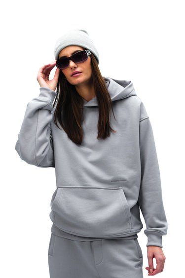 Grey Wear A Hug oversized hoodie by Bonkers Corner, showing a relaxed fit with a soft fabric texture in a cozy grey color.