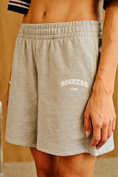 Heather grey Bonkers Corner lounge shorts with elastic waistband and relaxed fit, casual and comfortable for lounging or casual wear.