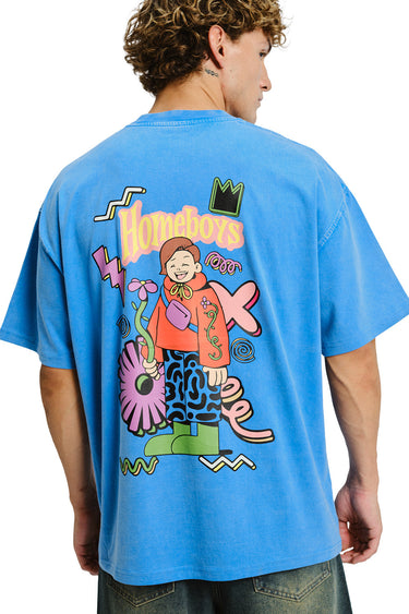 Bonkers Corner Homeboys faded blue oversized T-shirt displayed on a hanger, showcasing relaxed fit and casual style.