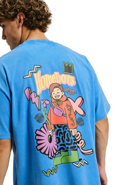 Bonkers Corner Homeboys faded blue oversized T-shirt displayed on a hanger, showcasing relaxed fit and casual style.