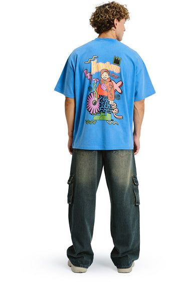 Bonkers Corner Homeboys faded blue oversized T-shirt displayed on a hanger, showcasing a relaxed fit and casual style.