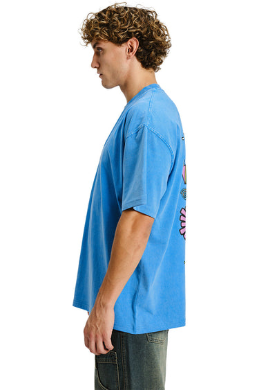 Bonkers Corner Homeboys faded blue oversized T-shirt displayed on a hanger, showcasing relaxed fit and casual style.