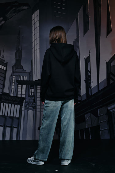 Bonkers Corner I Am Vengeance hoodie in black, featuring bold graphic design and comfortable fit, displayed on a hanger.