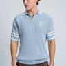 Bonkers Corner Icy Spicy Knit Polo shirt in light blue with a ribbed collar and textured knit fabric.