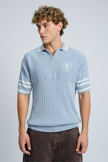 Bonkers Corner Icy Spicy Knit Polo shirt in light blue with a ribbed collar and textured knit fabric.