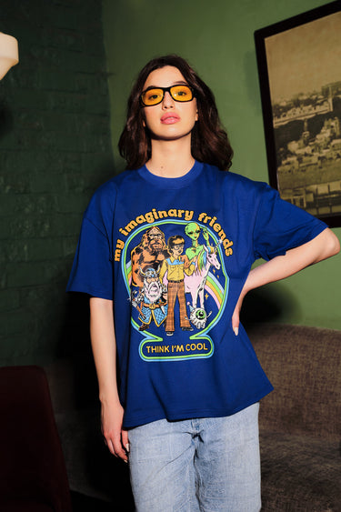 Blue oversized T-shirt from Bonkers Corner featuring colorful imaginary friends graphic on the front, casual and comfortable fit.