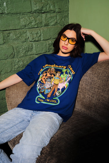 Blue oversized T-shirt from Bonkers Corner featuring a playful imaginary friends design, casual fit, and soft fabric.