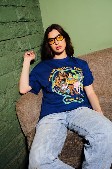 Blue oversized T-shirt from Bonkers Corner featuring playful imaginary friends graphic, casual fit, and comfortable fabric.