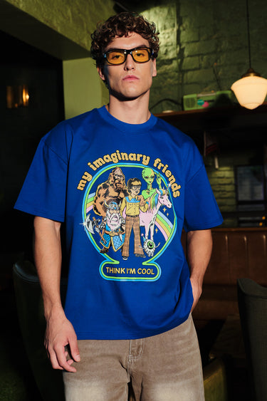 Blue oversized T-shirt from Bonkers Corner featuring imaginary friends graphic, casual fit, and soft cotton fabric.