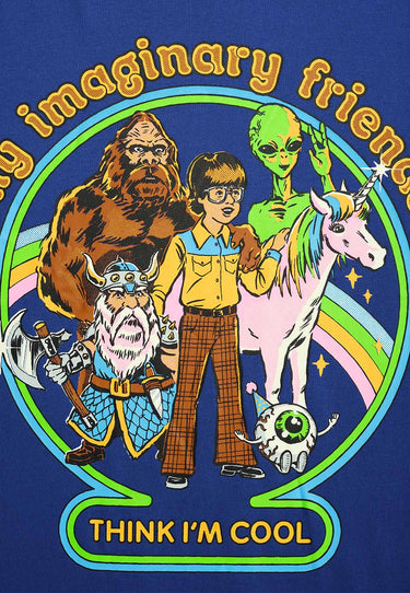 Blue oversized T-shirt from Bonkers Corner's Imaginary Friends collection, featuring a relaxed fit and vibrant graphic design.