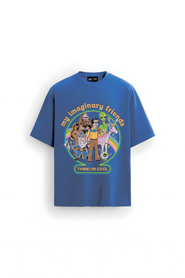 Blue oversized T-shirt from Bonkers Corner featuring playful imaginary friends graphic, casual fit, and soft fabric.