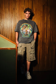 Bonkers Corner Imaginary Friends faded black oversized T-shirt with bold graphic print, casual fit, and comfortable cotton fabric.