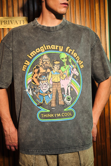 Bonkers Corner Imaginary Friends faded black oversized T-shirt, casual fit with graphic design on front.