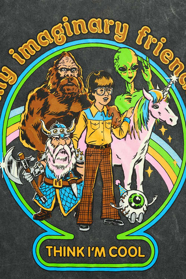 Bonkers Corner Imaginary Friends faded black oversized T-shirt, casual unisex top with graphic design and relaxed fit.