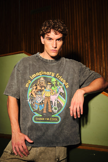 Bonkers Corner Imaginary Friends oversized black T-shirt with faded design, casual fit, and graphic print for streetwear style.