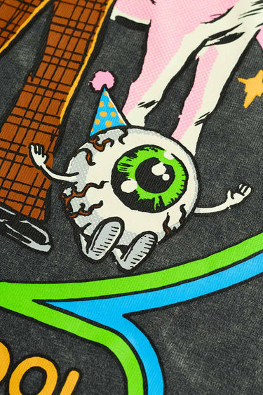 Bonkers Corner Imaginary Friends faded black oversized T-shirt shown on a model, casual fit, soft fabric, and bold graphic design.
