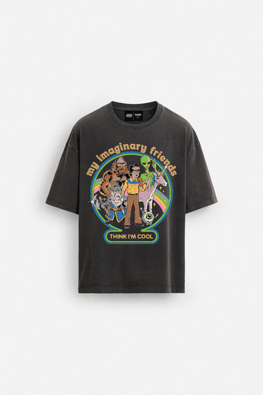 Bonkers Corner Imaginary Friends oversized black T-shirt with faded design, relaxed fit, and bold graphic print.