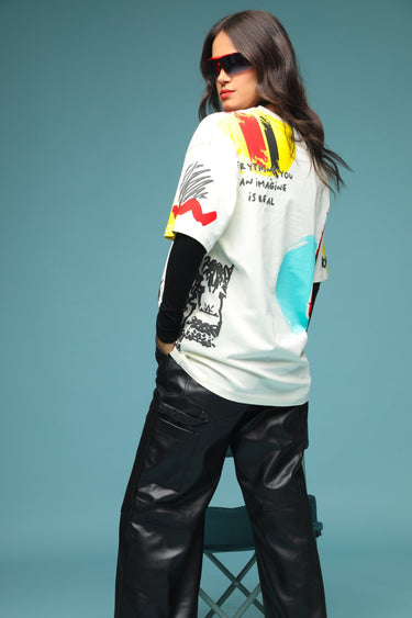 Bonkers Corner Imagination Is Real oversized T-shirt in XS, featuring a colorful graphic design on soft cotton fabric.