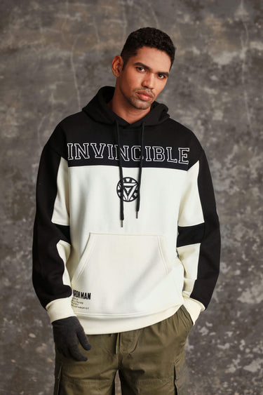 Bonkers Corner Iron Man oversized heavyweight fleece hoodie, front view showing bold Iron Man graphic and cozy fleece fabric.