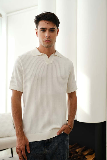 Ivory knit polo T-shirt by Bonkers Corner, close-up of soft textured fabric and classic polo collar on a casual fit shirt