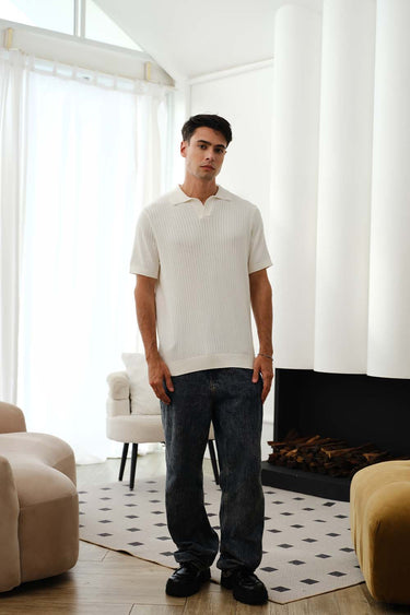 Ivory knit polo T-shirt by Bonkers Corner featuring a classic collar and short sleeves, made from soft, textured fabric.