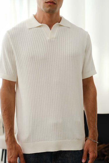 Ivory knit polo T-shirt by Bonkers Corner, featuring a classic collar and textured knit fabric, displayed on a plain background.