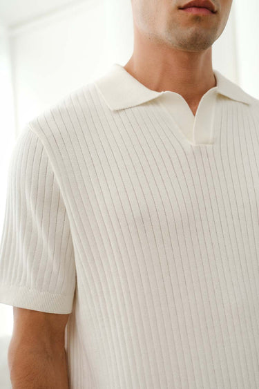 Ivory knit polo T-shirt by Bonkers Corner featuring a classic collar and short sleeves on a white background.