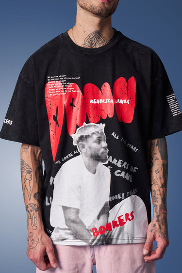 Bonkers Corner Kendrick Lamar Faded oversized T-shirt in XS, featuring graphic print and relaxed fit on model.