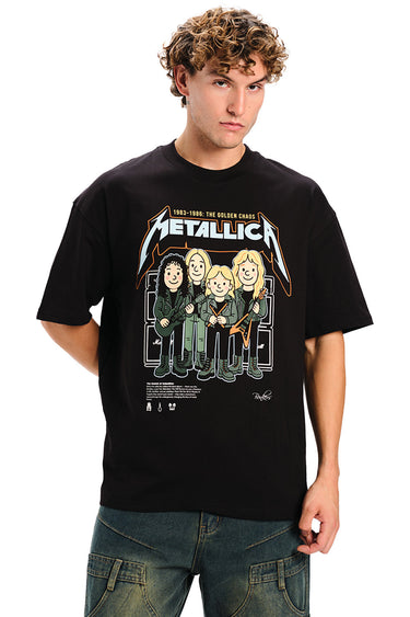 Bonkers Corner Metallica Black Golden Chaos oversized T-shirt featuring band logo and bold black and gold design on soft fabric.