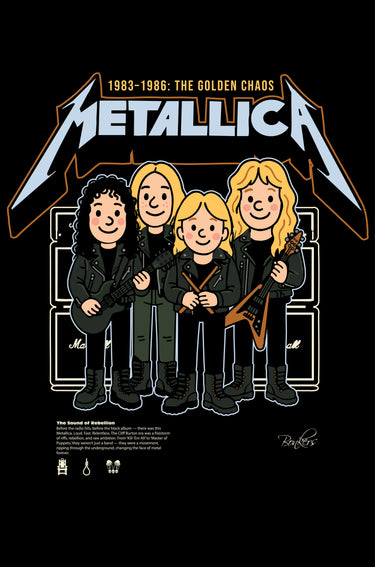 Bonkers Corner Metallica Black Golden Chaos oversized T-shirt with bold graphic design and relaxed fit.