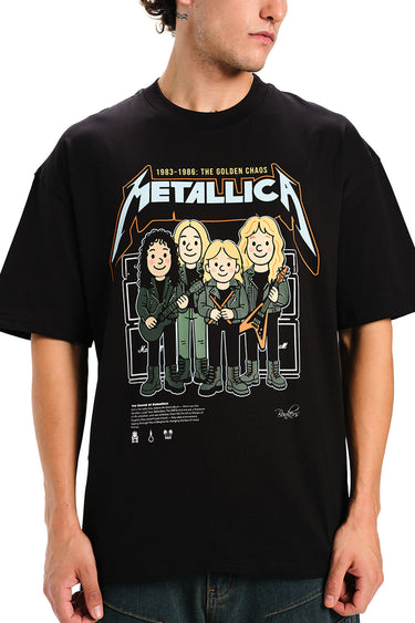 Bonkers Corner Metallica Black Golden Chaos oversized T-shirt featuring bold black and gold graphic design on soft cotton fabric.