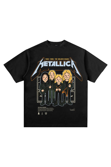 Bonkers Corner Metallica Black Golden Chaos oversized T-shirt with bold graphic design and relaxed fit.