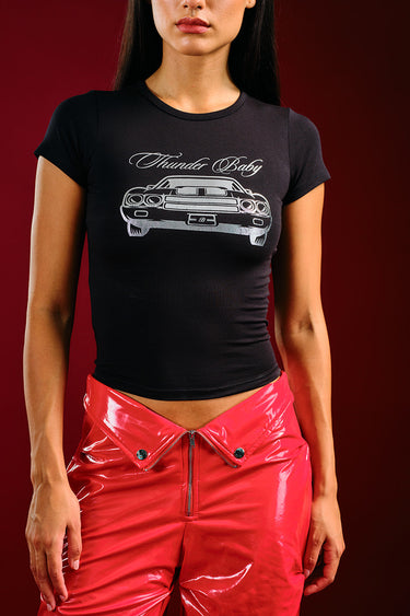 Bonkers Corner Midnight Thunder Baby Tee in black with lightning bolt graphic on soft cotton fabric.