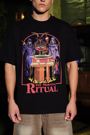 Bonkers Corner Morning Ritual oversized T-shirt in light color, relaxed fit, soft fabric, and casual style, front view.