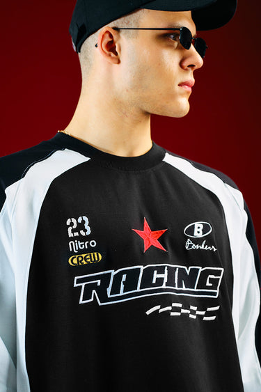 Bonkers Corner Nitro Crew Sweatshirt in XS shown on a model, featuring a relaxed fit and casual style.