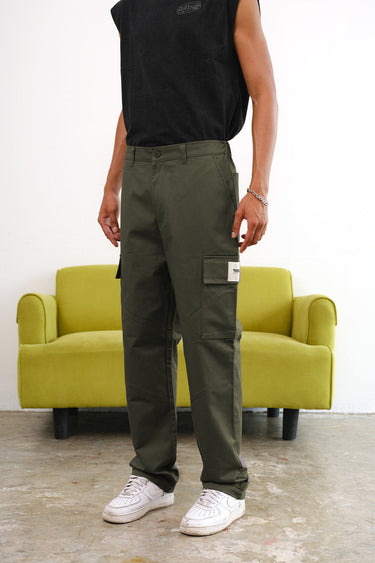 Olive cargo pants with utility pockets from Bonkers Corner, featuring a relaxed fit and functional pocket details.