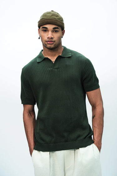 Olive green knit polo T-shirt by Bonkers Corner featuring a classic collar and short sleeves, displayed flat.