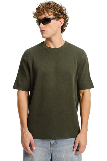 Olive Relaxed Fit Knit T-shirt - BonkersCorner